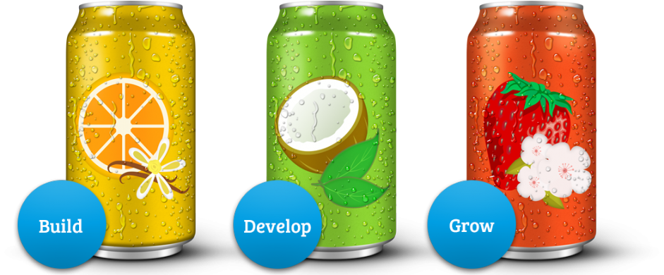 image tin cans with different flavors, orange vanilla, coconut mint, strawberry cherry blossom to describe Build, Develop and Grow process. Generalbev.eu